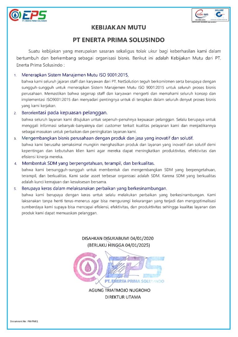 Kebijakan Mutu PT EPS