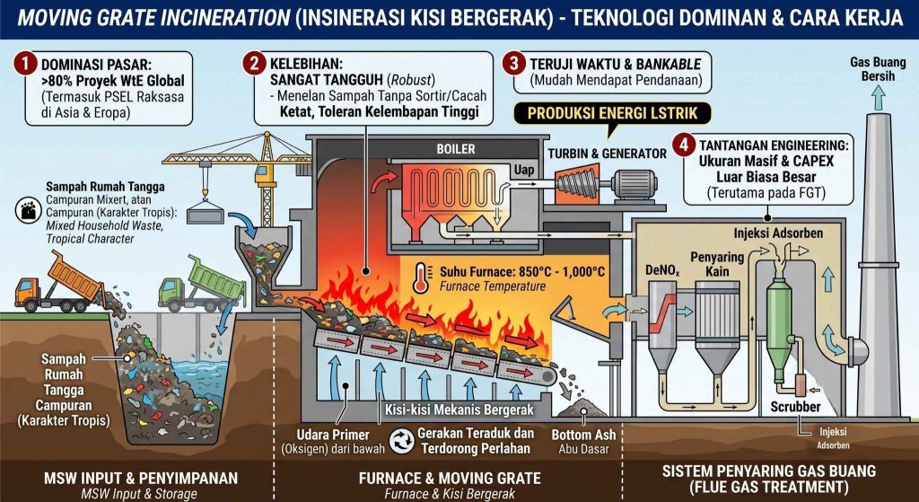 Skema teknologi moving grate incineration untuk pengolahan sampah PSEL.