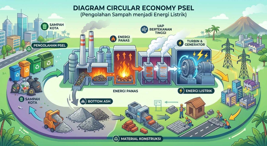 Diagram circular economy PSEL yang menunjukkan proses sampah menjadi energi listrik dan pemanfaatan bottom ash.