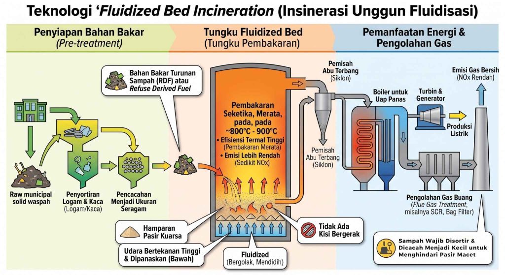 Sistem pembakaran sampah merata pada tungku fluidized bed boiler.