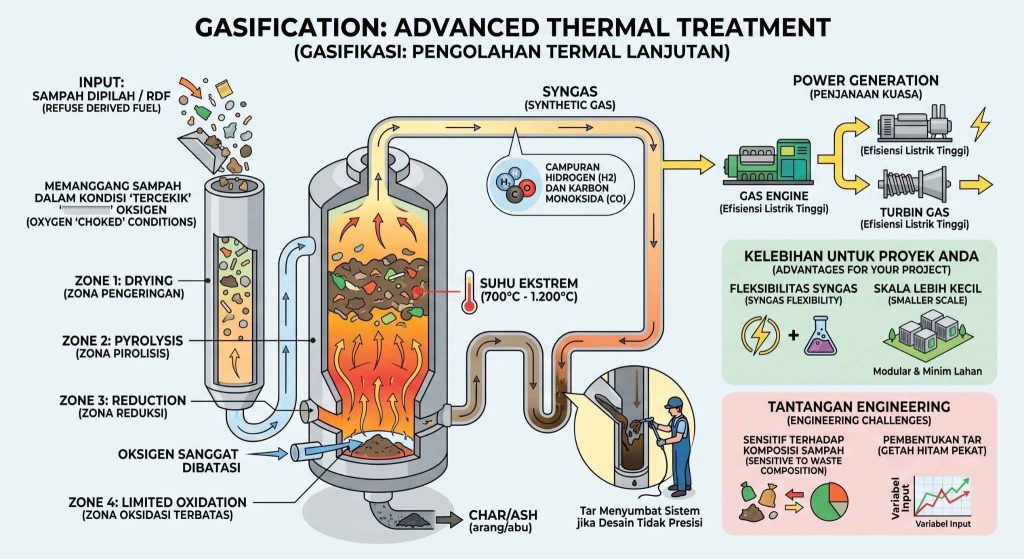 Proses gasification dengan zona pengeringan, pirolisis, reduksi, dan oksidasi.