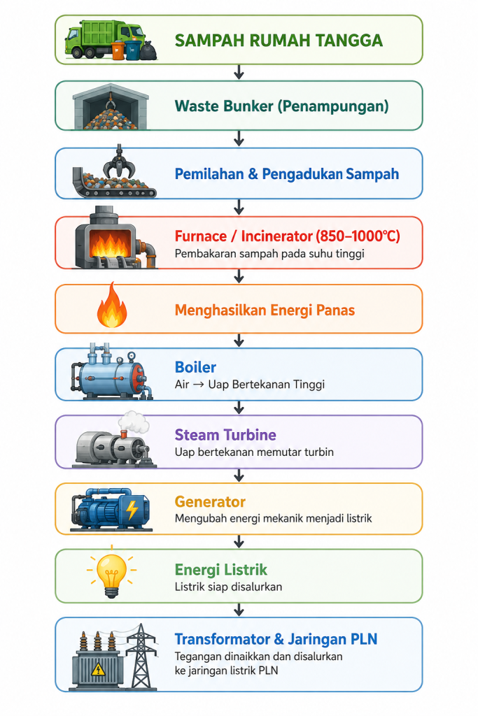 Diagram cara kerja PSEL mengubah sampah menjadi energi listrik siap salur.