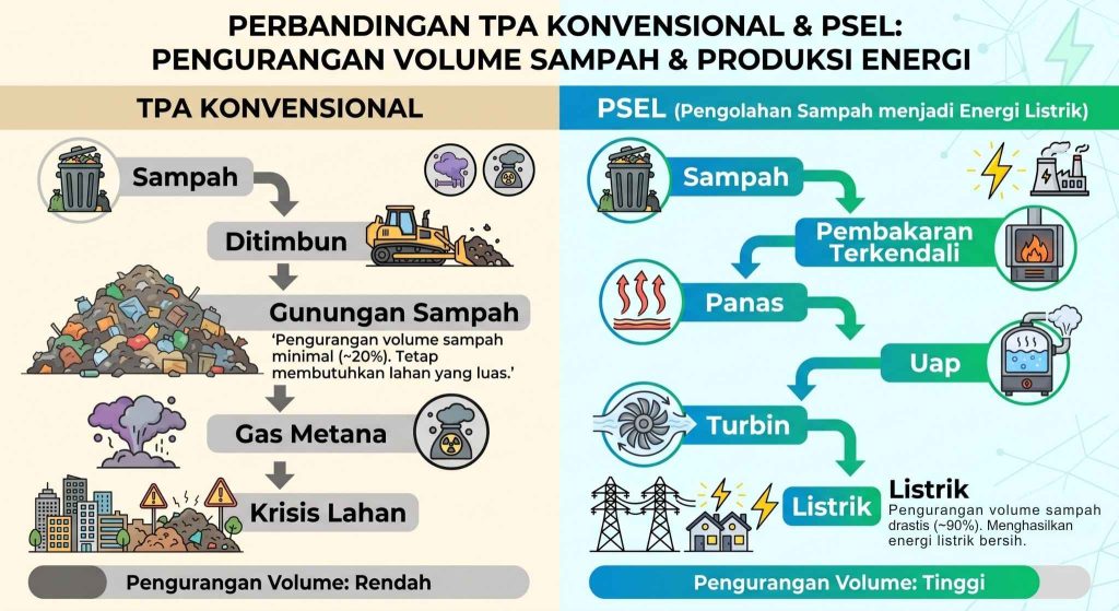 Infografis perbandingan TPA konvensional dan PSEL dalam pengurangan volume sampah serta produksi energi listrik.