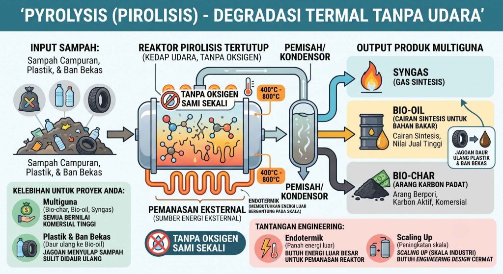 Skema proses teknologi pirolisis sampah pada reaktor kedap udara.