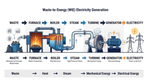 Skema konversi energi dari sampah menjadi uap, mekanik, hingga energi listrik.
